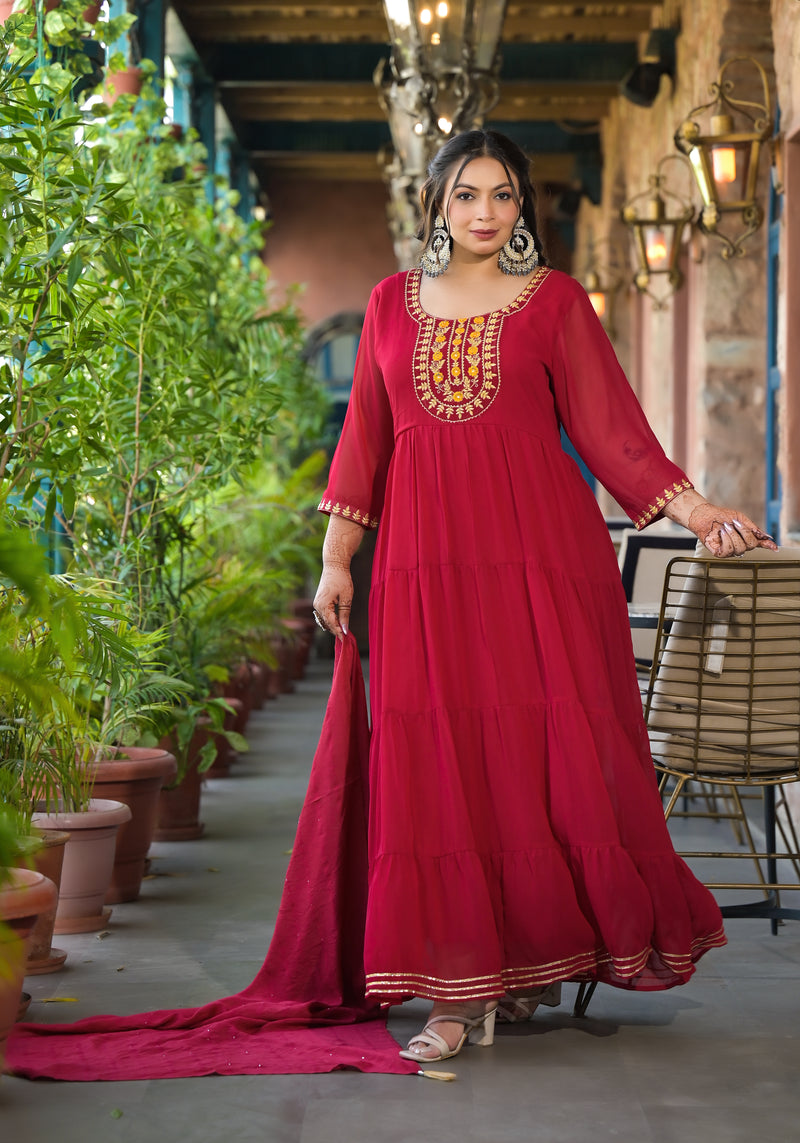 Red Georgette Embroidered Anarkali with Dupatta Set (Plus Size)