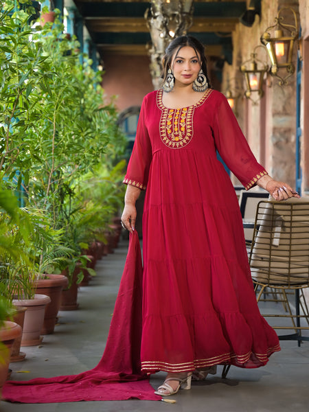Red Georgette Embroidered Anarkali with Dupatta Set (Plus Size)