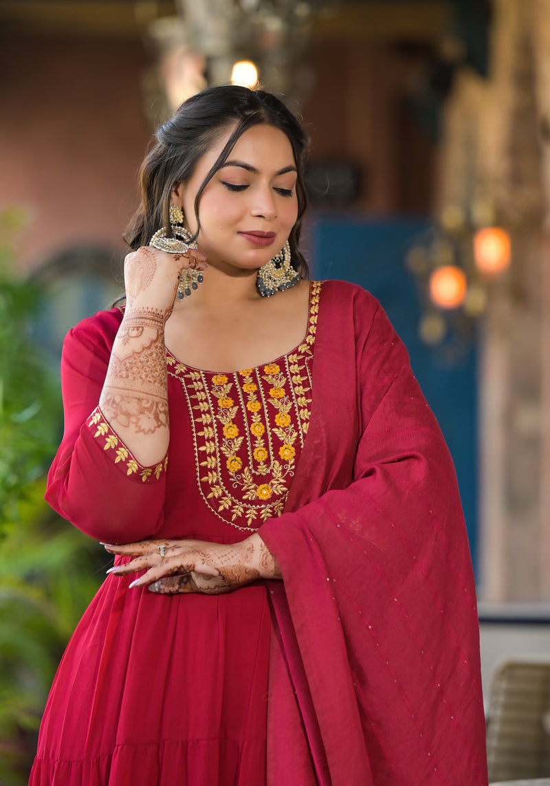 Red Georgette Embroidered Anarkali with Dupatta Set (Plus Size)