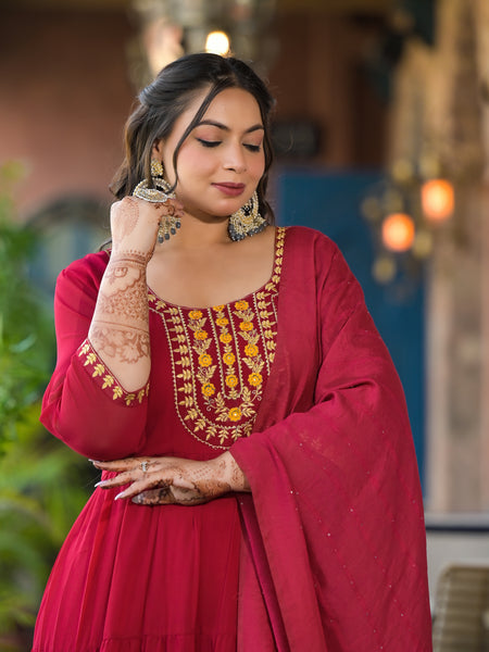 Red Georgette Embroidered Anarkali with Dupatta Set (Plus Size)