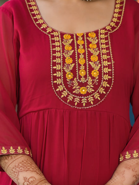 Red Georgette Embroidered Anarkali with Dupatta Set (Plus Size)