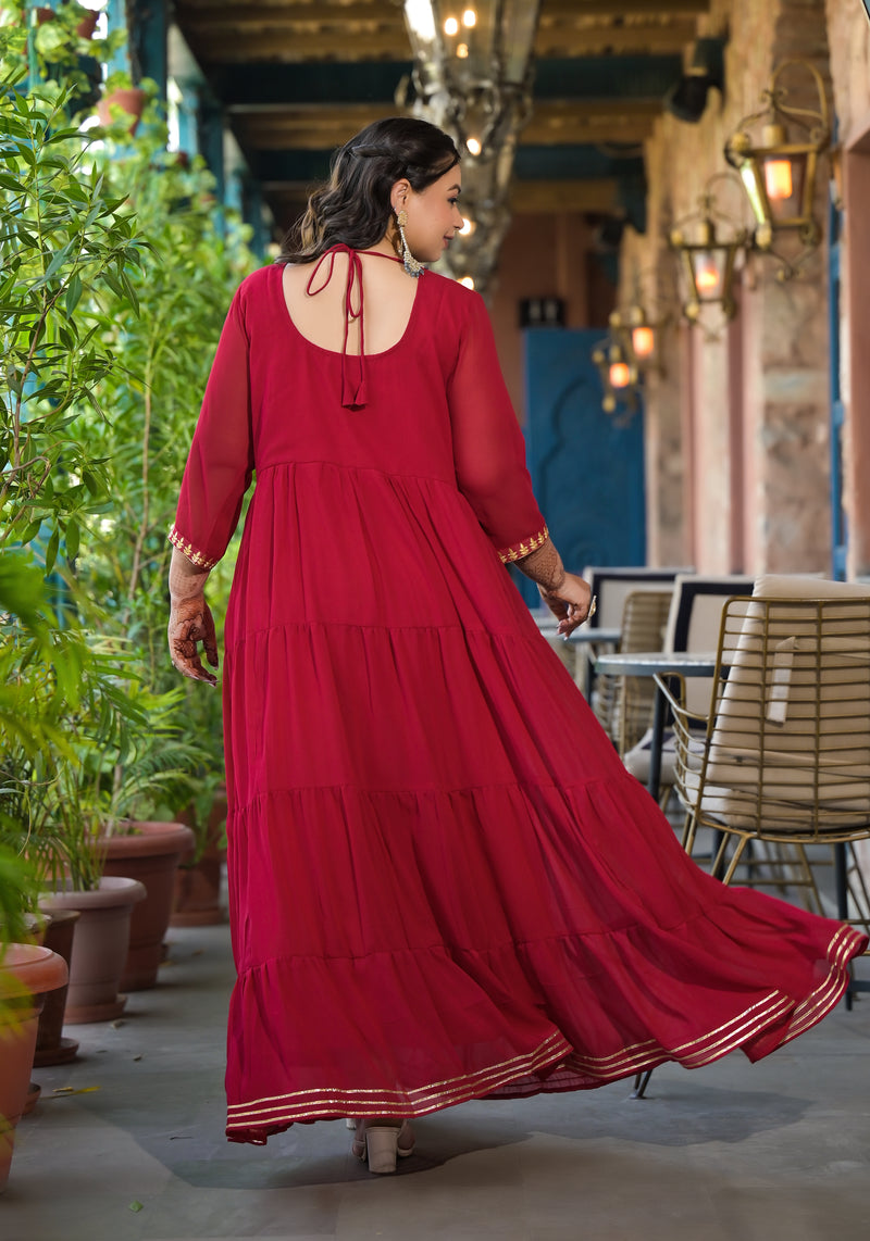 Red Georgette Embroidered Anarkali with Dupatta Set (Plus Size)