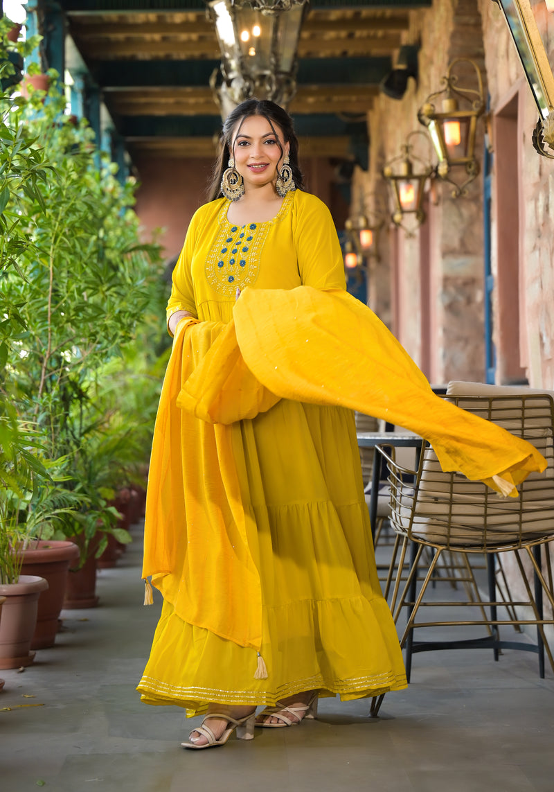 Yellow Georgette Embroidered Anarkali with Dupatta Set (Plus Size)