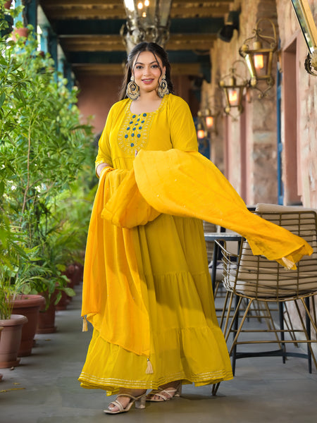 Yellow Georgette Embroidered Anarkali with Dupatta Set (Plus Size)