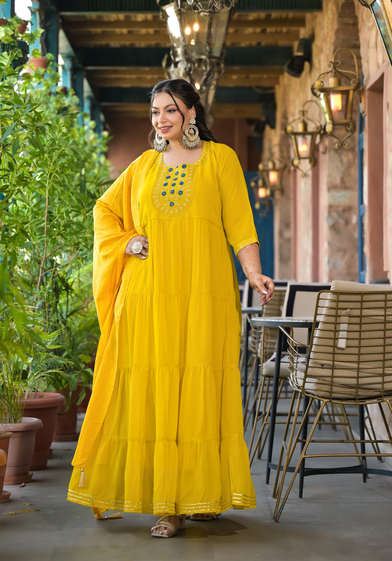 Yellow Georgette Embroidered Anarkali with Dupatta Set (Plus Size)