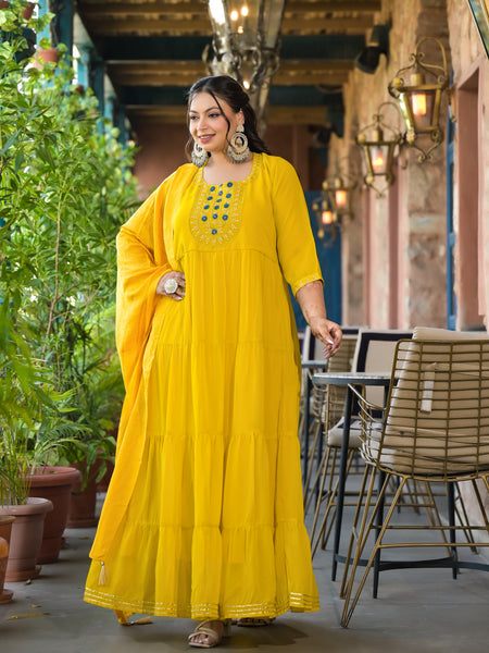 Yellow Georgette Embroidered Anarkali with Dupatta Set (Plus Size)