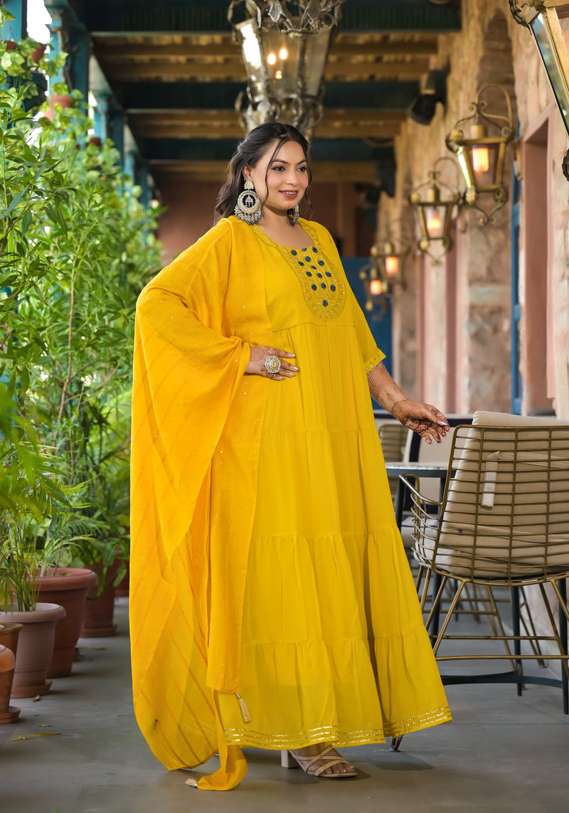 Yellow Georgette Embroidered Anarkali with Dupatta Set (Plus Size)