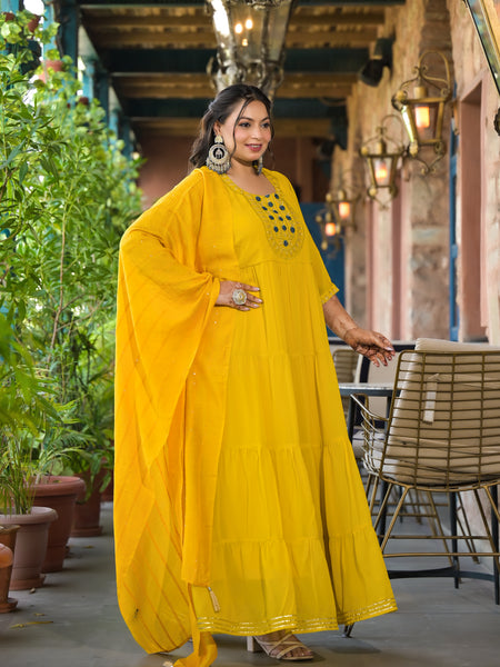 Yellow Georgette Embroidered Anarkali with Dupatta Set (Plus Size)