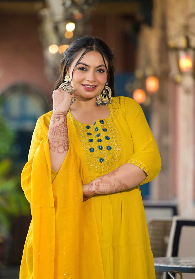 Yellow Georgette Embroidered Anarkali with Dupatta Set (Plus Size)