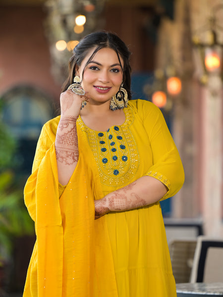 Yellow Georgette Embroidered Anarkali with Dupatta Set (Plus Size)