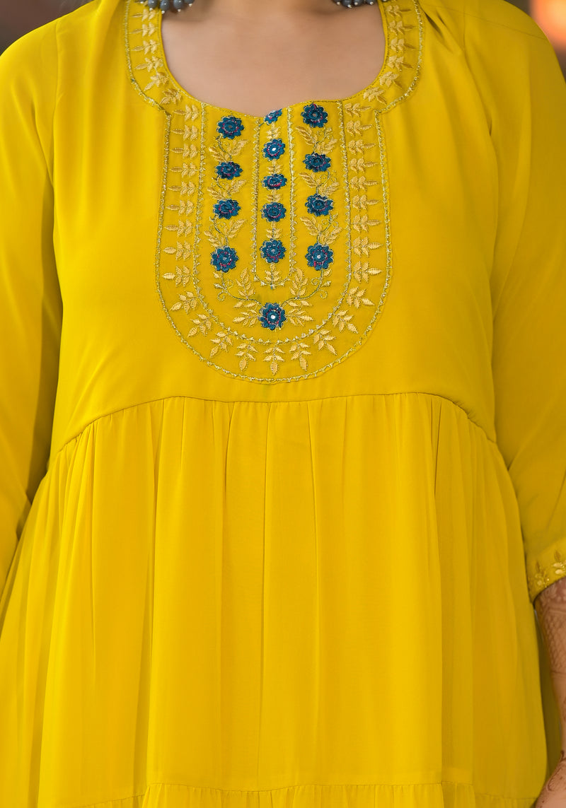 Yellow Georgette Embroidered Anarkali with Dupatta Set (Plus Size)