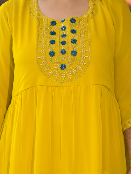 Yellow Georgette Embroidered Anarkali with Dupatta Set (Plus Size)