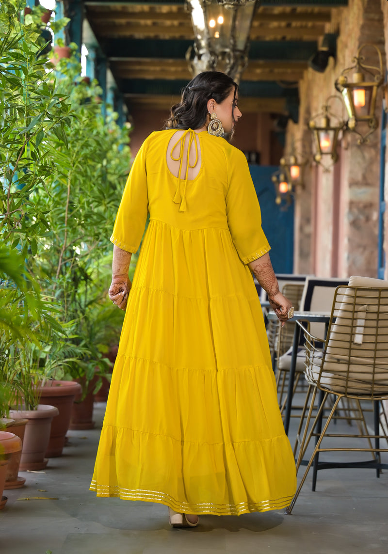 Yellow Georgette Embroidered Anarkali with Dupatta Set (Plus Size)
