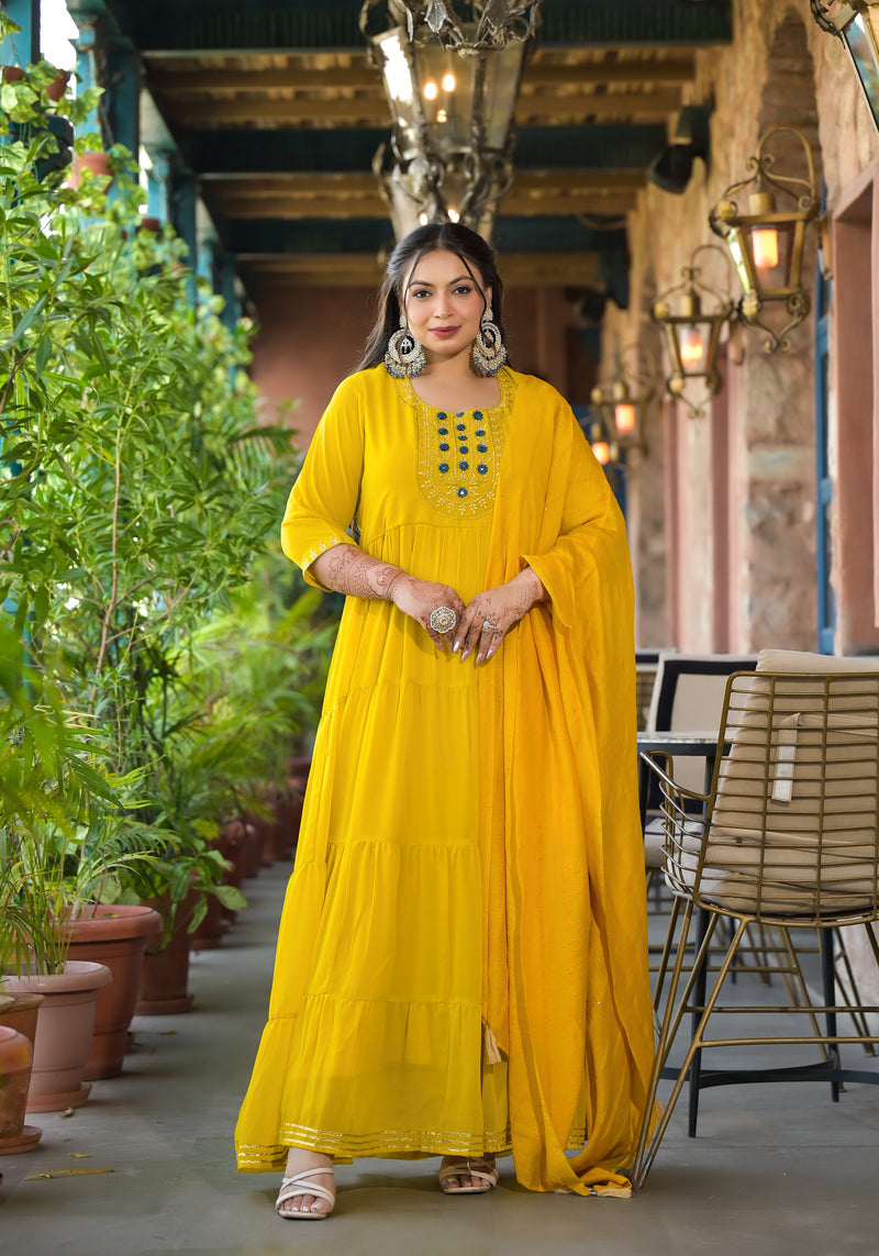 Yellow Georgette Embroidered Anarkali with Dupatta Set (Plus Size)