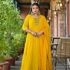Yellow Georgette Embroidered Anarkali with Dupatta Set (Plus Size)