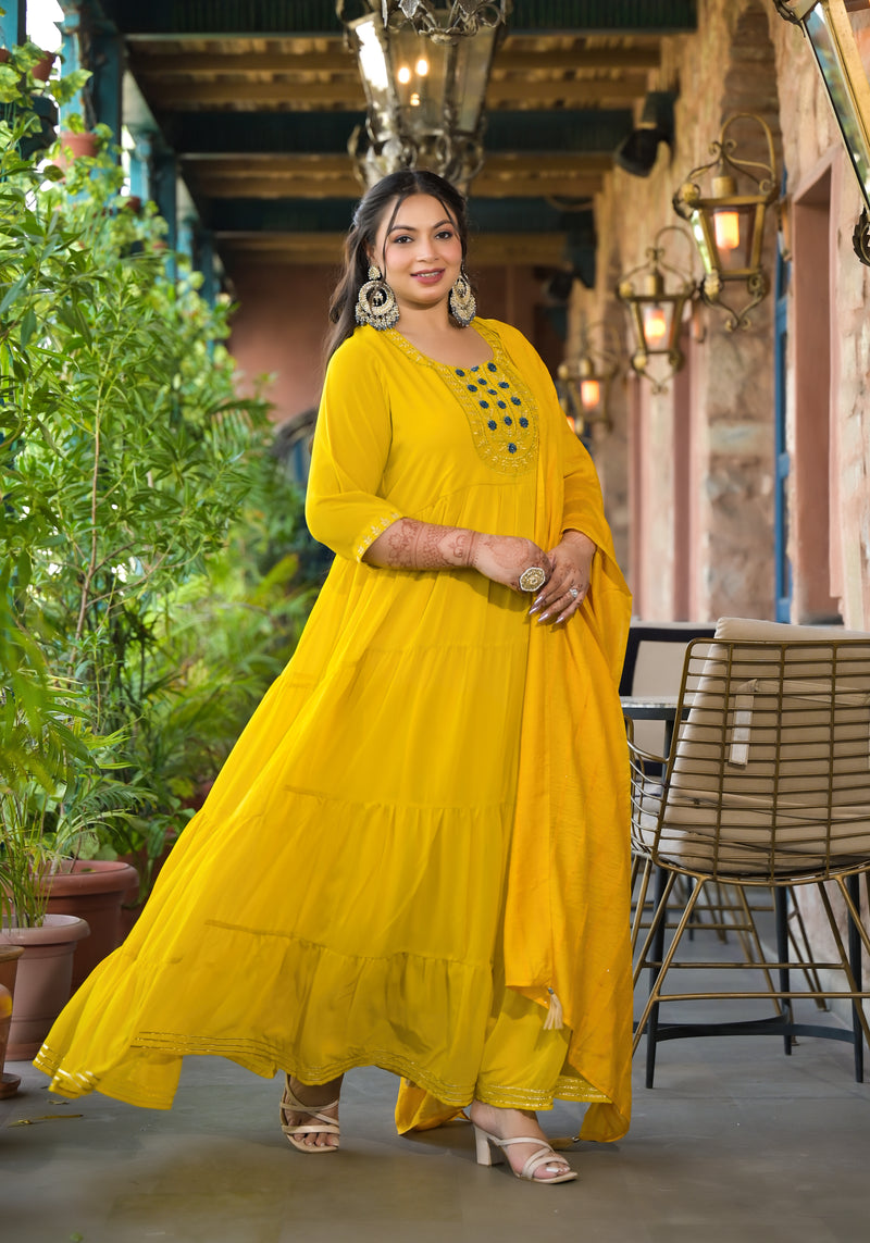 Yellow Georgette Embroidered Anarkali with Dupatta Set (Plus Size)