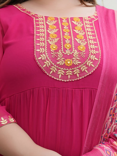 Georgette Embroidered Calf-Length Anarkali Kurti with Dupatta Set and Three Quarter Sleeves (Plus Size)