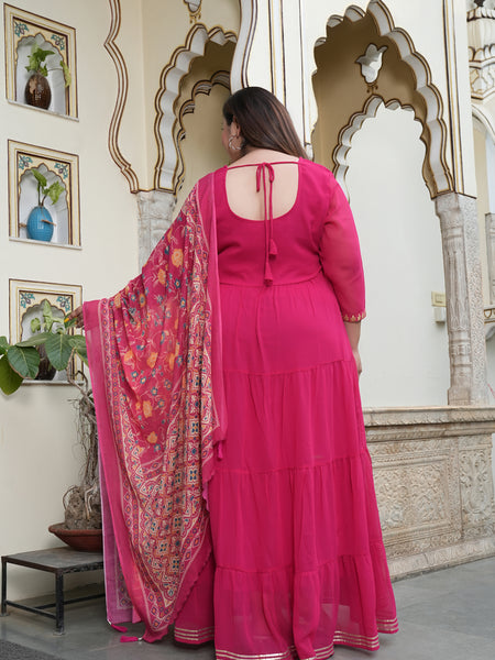 Georgette Embroidered Calf-Length Anarkali Kurti with Dupatta Set and Three Quarter Sleeves (Plus Size)