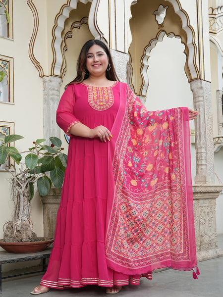 Georgette Embroidered Calf-Length Anarkali Kurti with Dupatta Set and Three Quarter Sleeves (Plus Size)