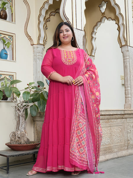 Georgette Embroidered Calf-Length Anarkali Kurti with Dupatta Set and Three Quarter Sleeves (Plus Size)