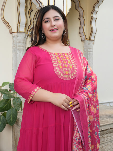 Georgette Embroidered Calf-Length Anarkali Kurti with Dupatta Set and Three Quarter Sleeves (Plus Size)