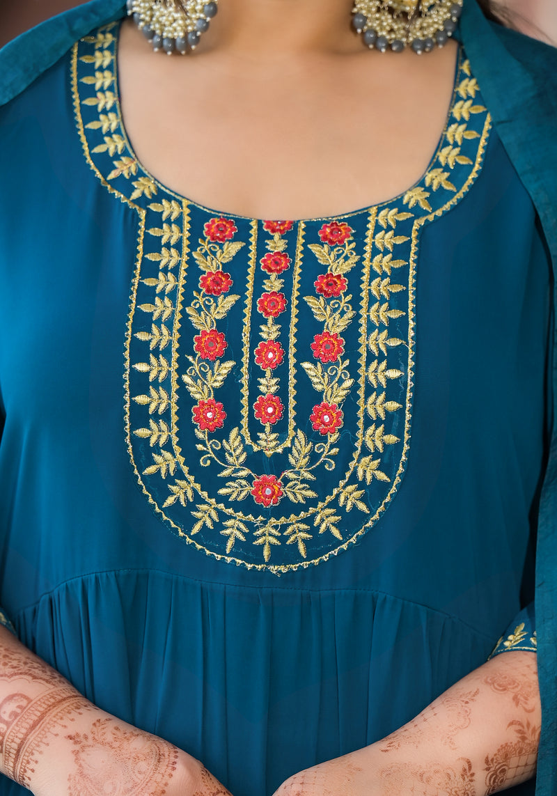 Teal Blue Georgette Embroidered Anarkali With Dupatta Set (Plus Size)