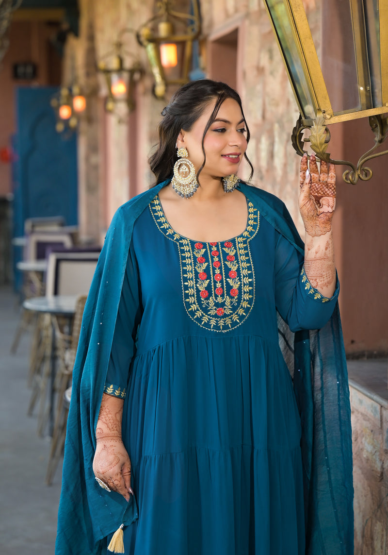 Teal Blue Georgette Embroidered Anarkali With Dupatta Set (Plus Size)