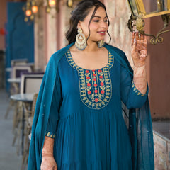 Teal Blue Georgette Embroidered Anarkali With Dupatta Set (Plus Size)