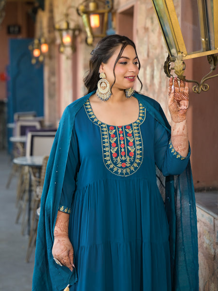 Teal Blue Georgette Embroidered Anarkali With Dupatta Set (Plus Size)