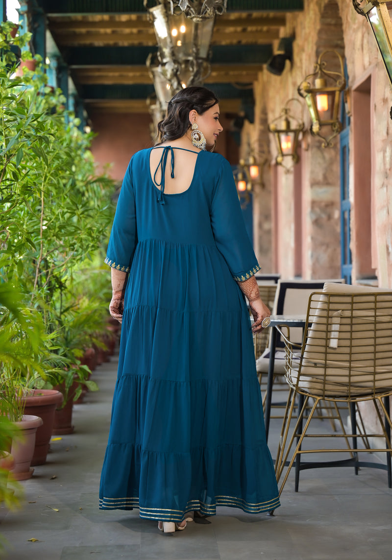 Teal Blue Georgette Embroidered Anarkali With Dupatta Set (Plus Size)