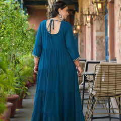 Teal Blue Georgette Embroidered Anarkali With Dupatta Set (Plus Size)