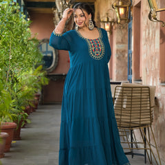 Teal Blue Georgette Embroidered Anarkali With Dupatta Set (Plus Size)