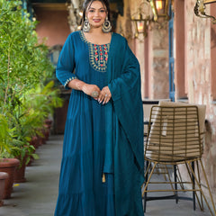 Teal Blue Georgette Embroidered Anarkali With Dupatta Set (Plus Size)