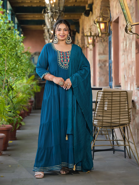 Teal Blue Georgette Embroidered Anarkali With Dupatta Set (Plus Size)