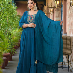 Teal Blue Georgette Embroidered Anarkali With Dupatta Set (Plus Size)