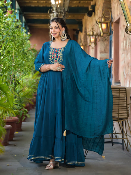 Teal Blue Georgette Embroidered Anarkali With Dupatta Set (Plus Size)