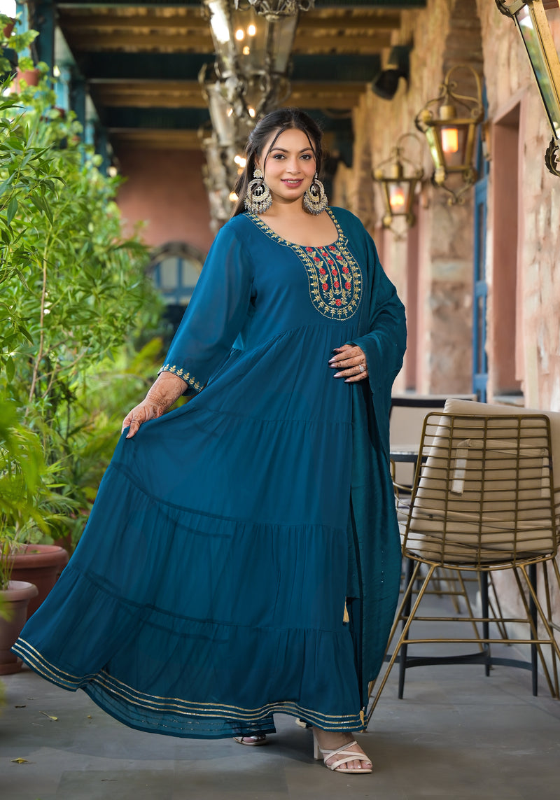 Teal Blue Georgette Embroidered Anarkali With Dupatta Set (Plus Size)