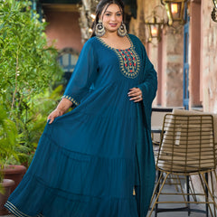 Teal Blue Georgette Embroidered Anarkali With Dupatta Set (Plus Size)