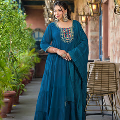 Teal Blue Georgette Embroidered Anarkali With Dupatta Set (Plus Size)