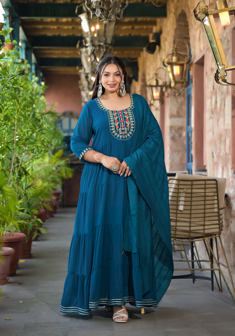 Teal Blue Georgette Embroidered Anarkali With Dupatta Set (Plus Size)