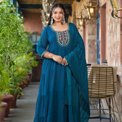 Teal Blue Georgette Embroidered Anarkali With Dupatta Set (Plus Size)