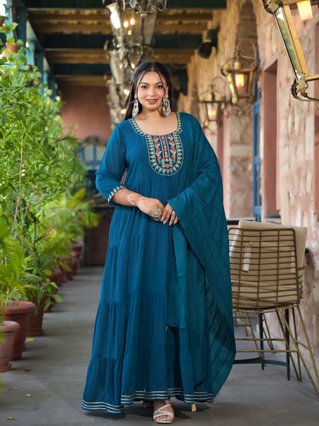 Teal Blue Georgette Embroidered Anarkali With Dupatta Set (Plus Size)