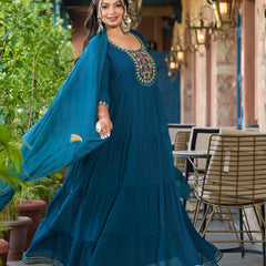 Teal Blue Georgette Embroidered Anarkali With Dupatta Set (Plus Size)