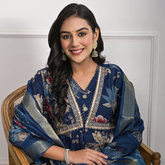 Elegant Muslin Blue Kurta Set with Dupatta and Pajama