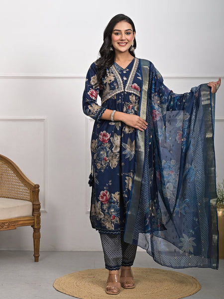 Elegant Muslin Blue Kurta Set with Dupatta and Pajama