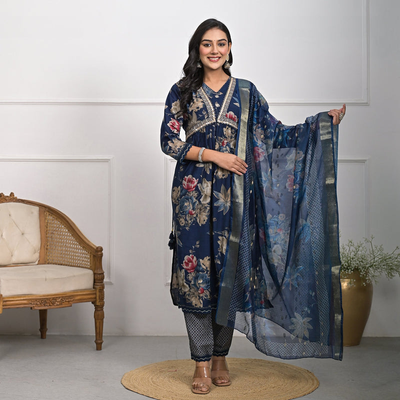 Elegant Muslin Blue Kurta Set with Dupatta and Pajama