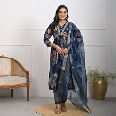 Elegant Muslin Blue Kurta Set with Dupatta and Pajama