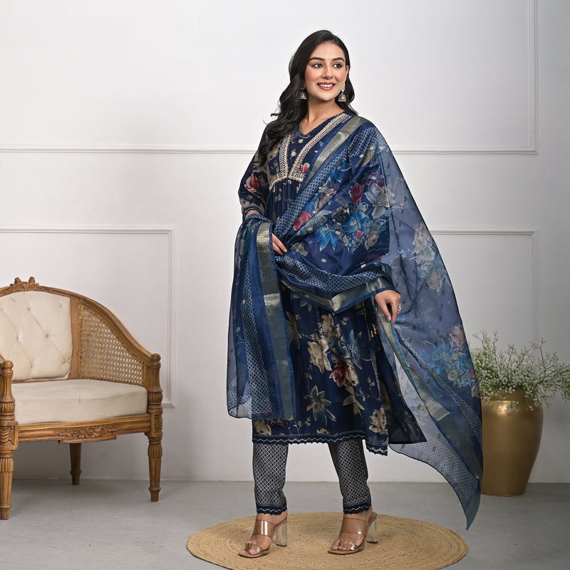 Elegant Muslin Blue Kurta Set with Dupatta and Pajama