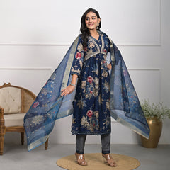 Elegant Muslin Blue Kurta Set with Dupatta and Pajama