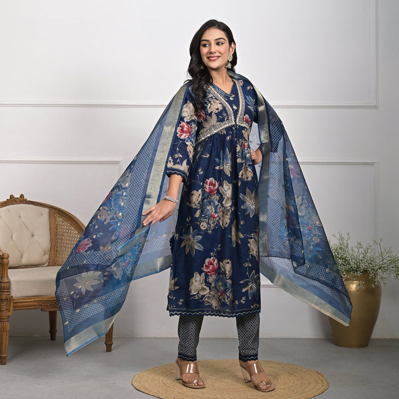 Elegant Muslin Blue Kurta Set with Dupatta and Pajama